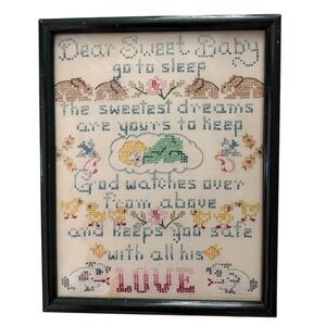 Vintage Framed Cross-Stitch Art with Dark Green Frame